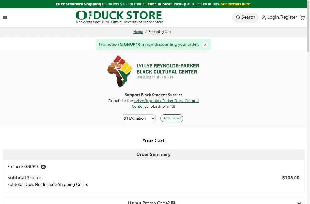 The Duck Store checkout page showing The Duck Store promo code box | Screenshot taken by SimplyCodes community member on Oct 1, 2025