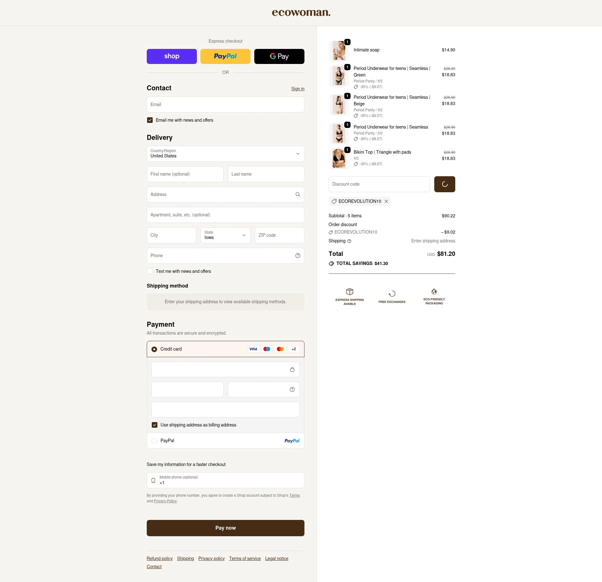 The Eco Woman checkout page showing The Eco Woman discount code box | Screenshot taken by SimplyCodes community member on Feb 3, 2026