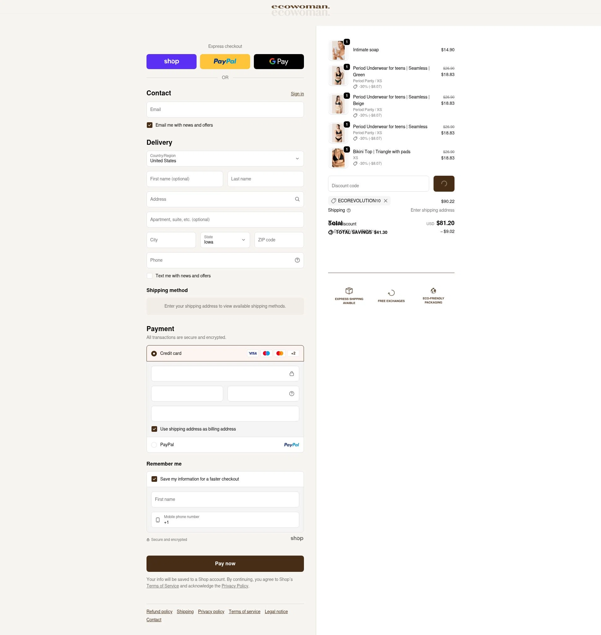 The Eco Woman checkout page showing The Eco Woman discount code box | Screenshot taken by SimplyCodes community member on Jan 29, 2026
