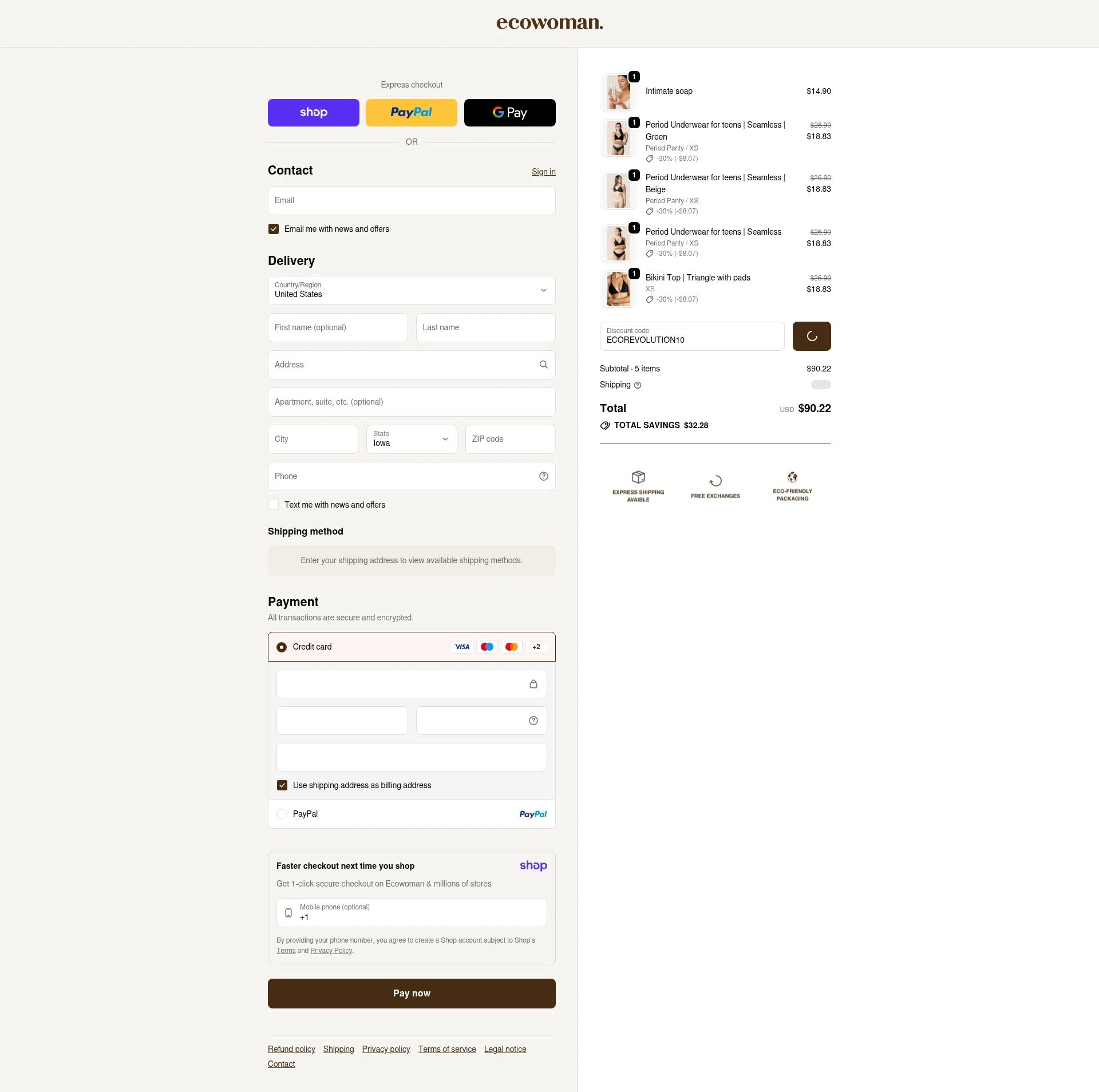 The Eco Woman checkout page showing The Eco Woman discount code box | Screenshot taken by SimplyCodes community member on Jan 15, 2026