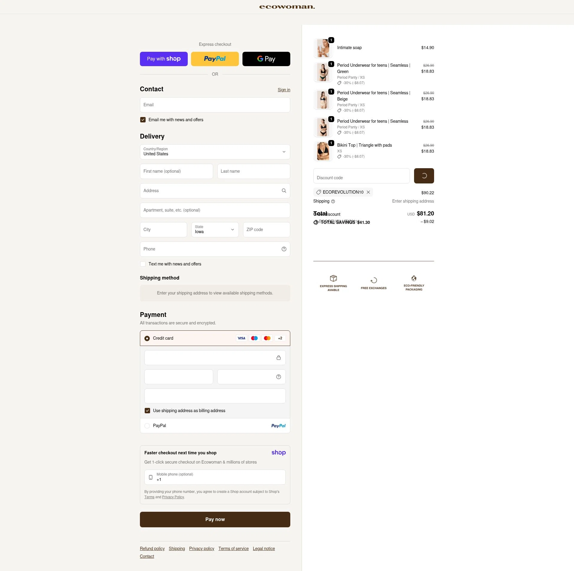 The Eco Woman checkout page showing The Eco Woman discount code box | Screenshot taken by SimplyCodes community member on Jan 10, 2026