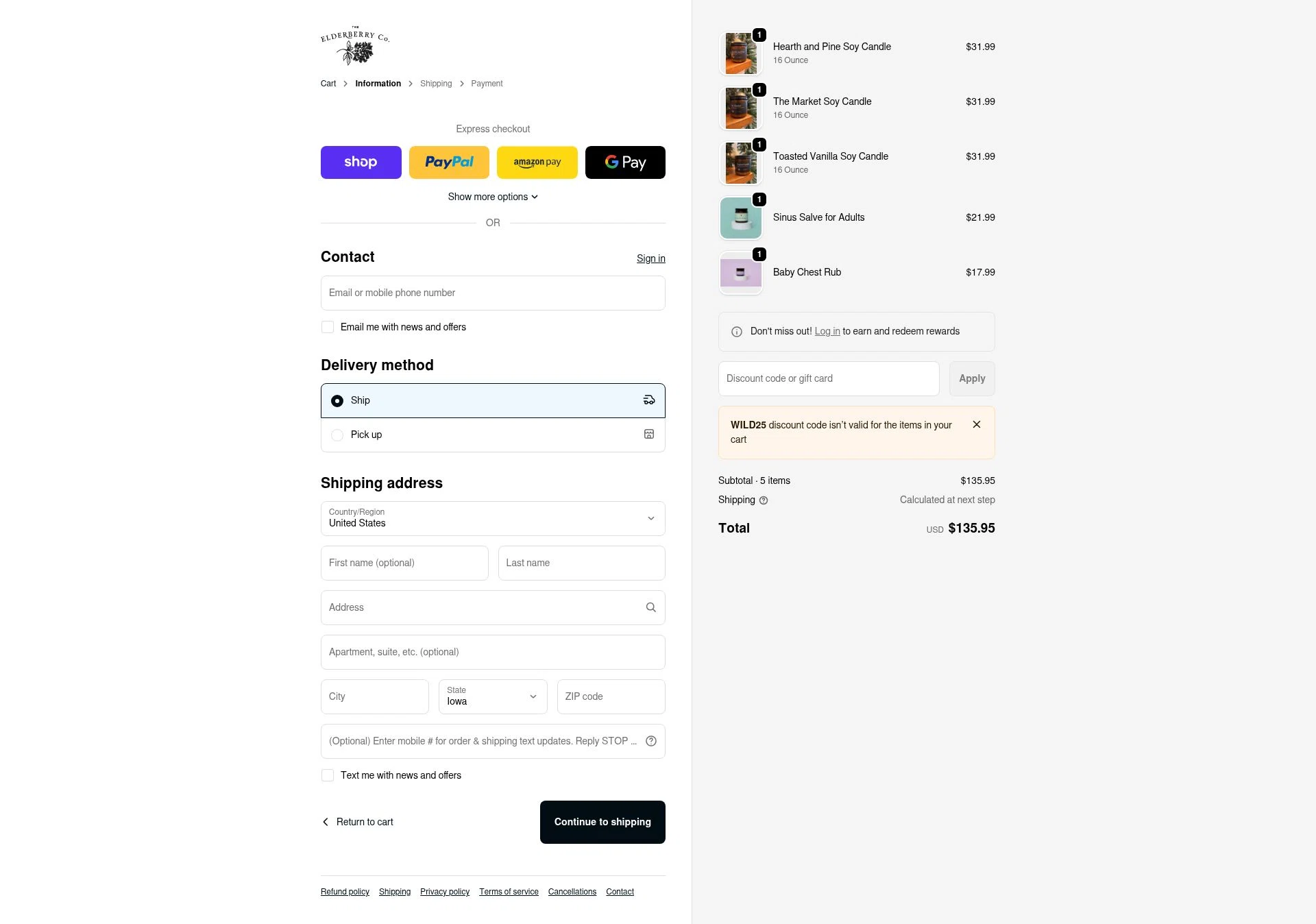 The Elderberry checkout page showing The Elderberry promo code box | Screenshot taken by SimplyCodes community member on Jan 8, 2026