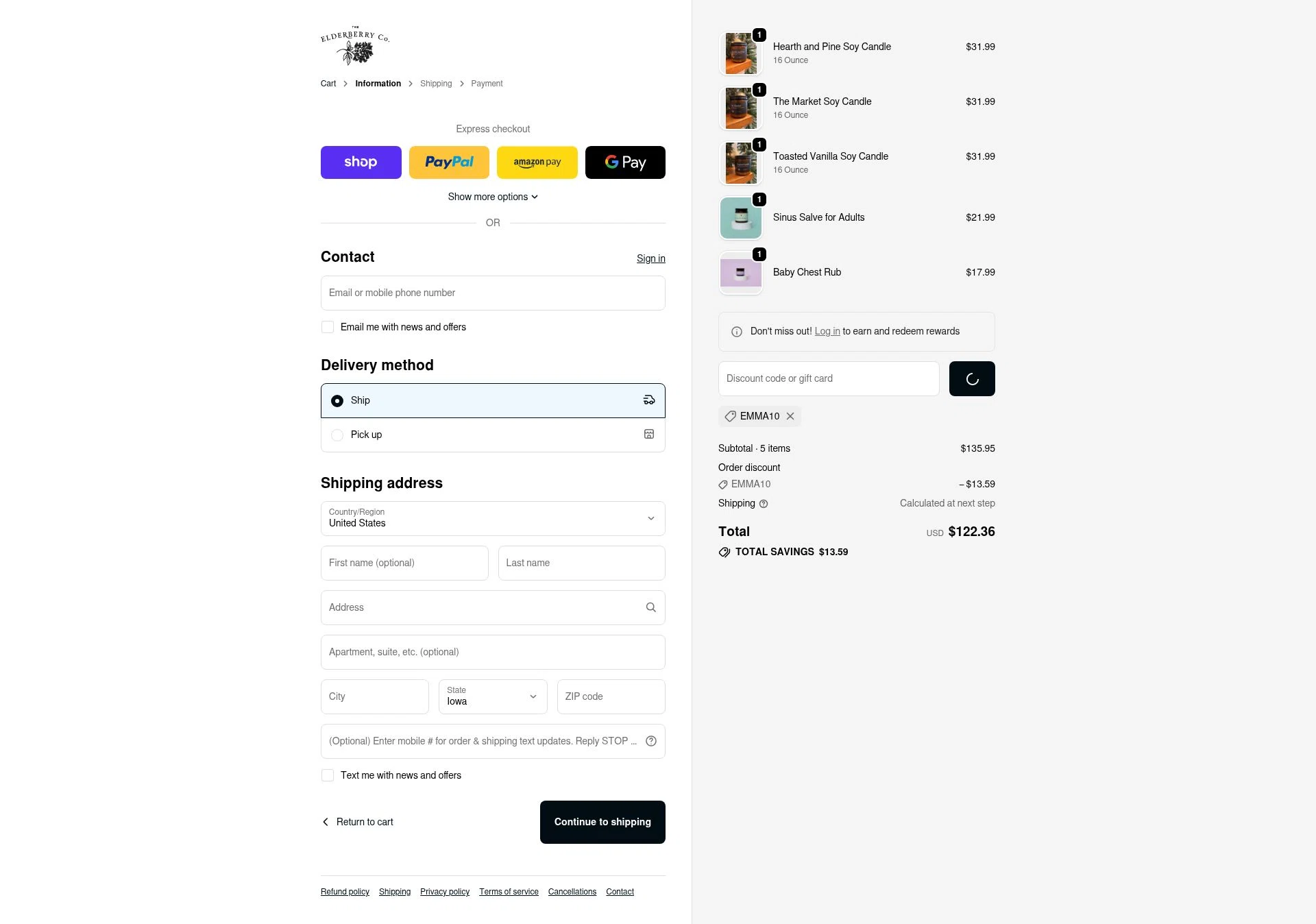 The Elderberry checkout page showing The Elderberry promo code box | Screenshot taken by SimplyCodes community member on Jan 8, 2026