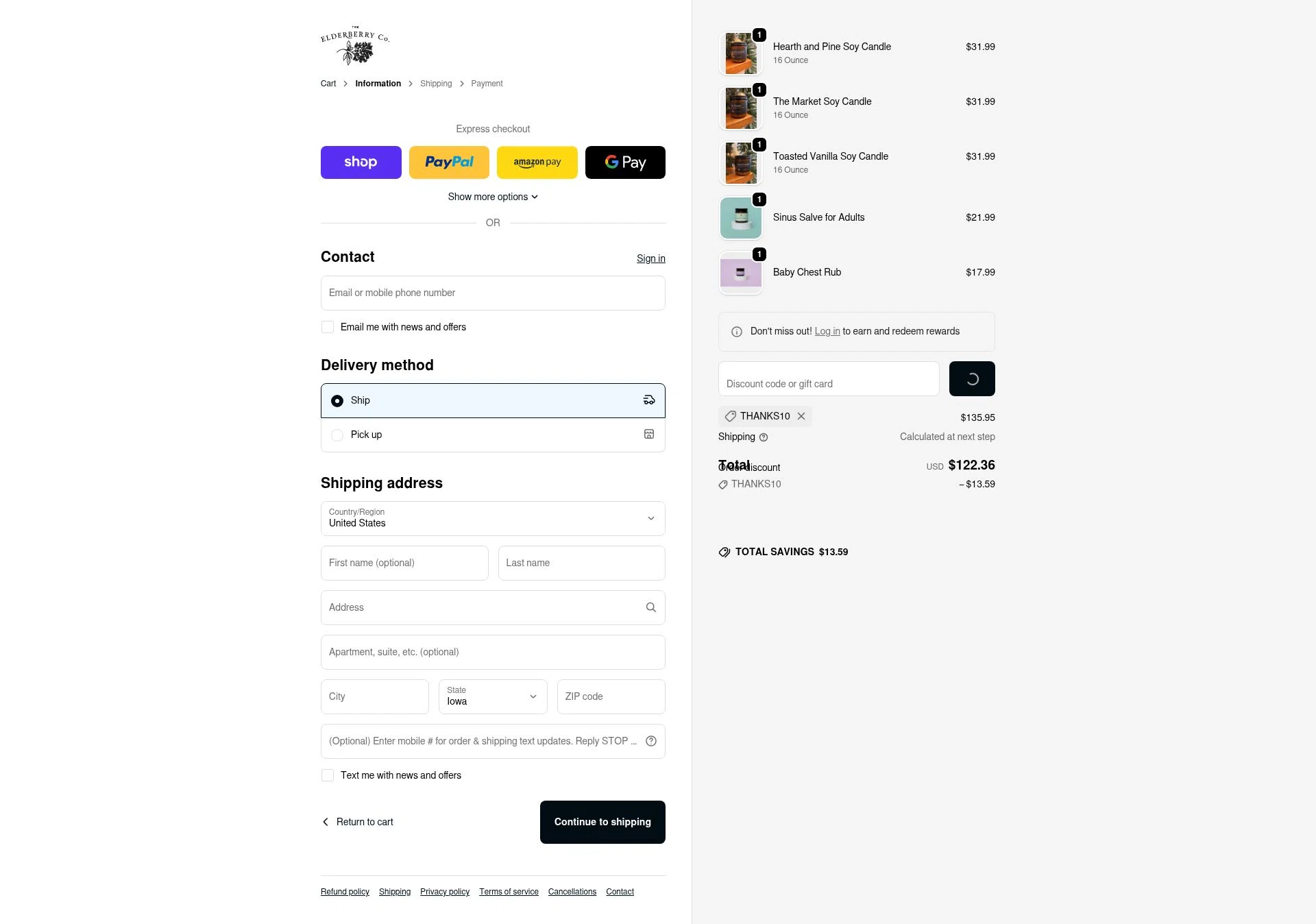 The Elderberry checkout page showing The Elderberry promo code box | Screenshot taken by SimplyCodes community member on Jan 8, 2026