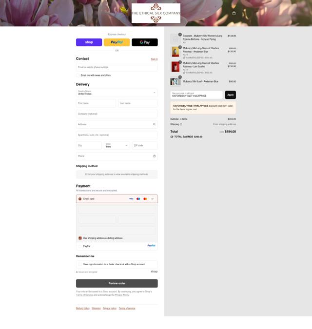 The Ethical Silk Company checkout page showing The Ethical Silk Company promo code box | Screenshot taken by SimplyCodes community member on Sep 11, 2025