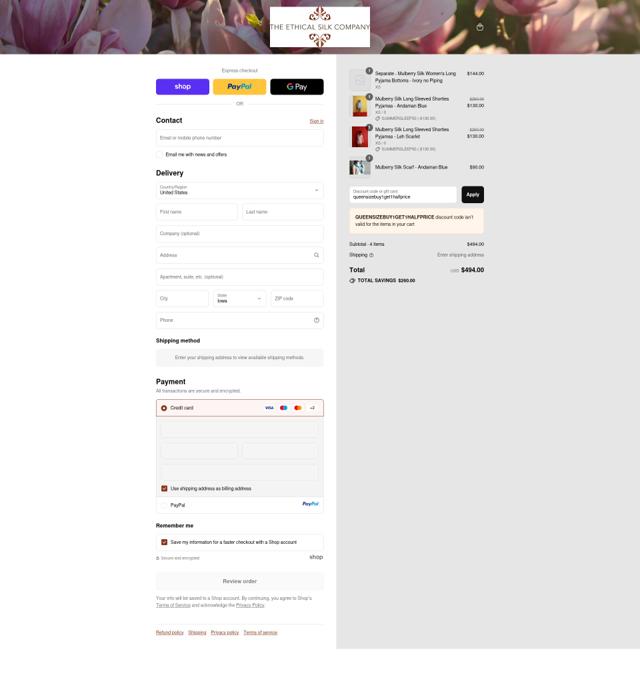 The Ethical Silk Company checkout page showing The Ethical Silk Company promo code box | Screenshot taken by SimplyCodes community member on Sep 11, 2025