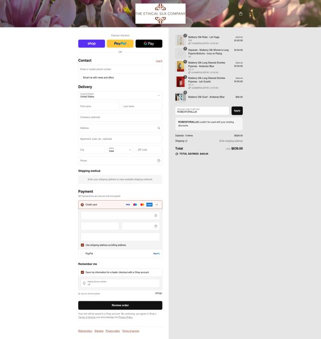 The Ethical Silk Company checkout page showing The Ethical Silk Company promo code box | Screenshot taken by SimplyCodes community member on Sep 7, 2025