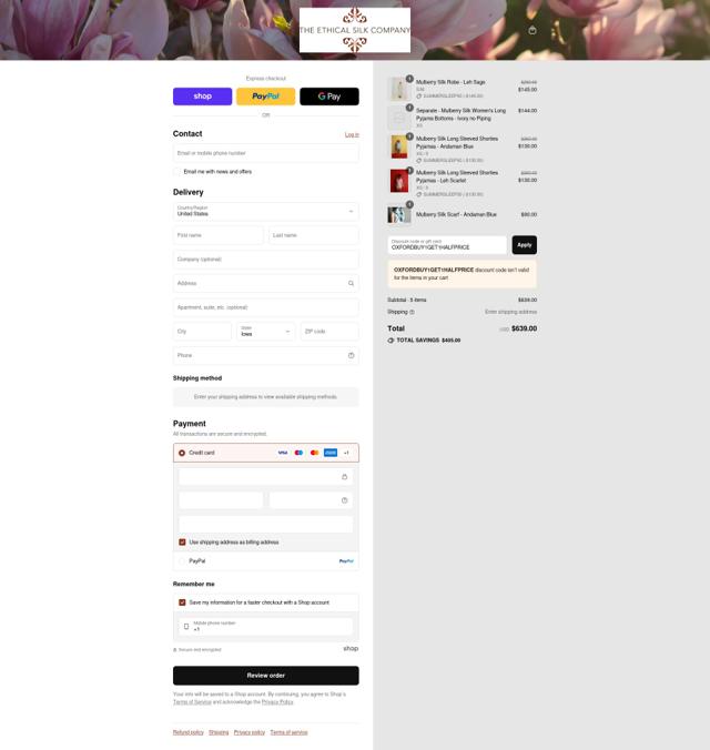 The Ethical Silk Company checkout page showing The Ethical Silk Company promo code box | Screenshot taken by SimplyCodes community member on Sep 7, 2025