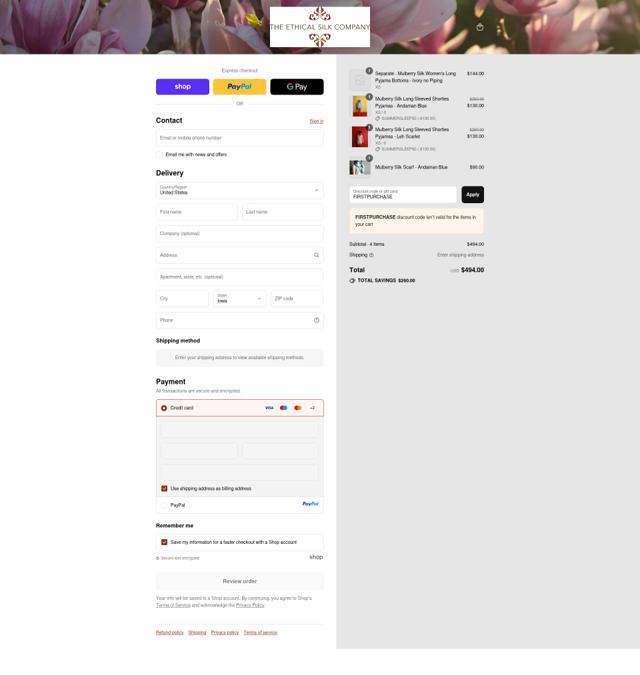The Ethical Silk Company checkout page showing The Ethical Silk Company promo code box | Screenshot taken by SimplyCodes community member on Sep 11, 2025