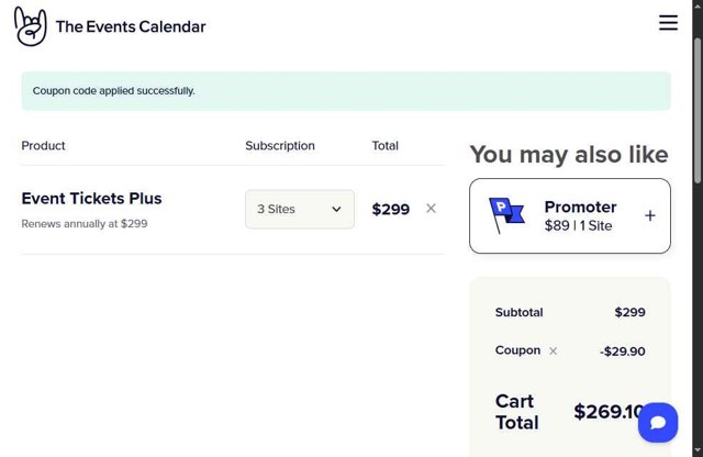 The Events Calendar checkout page showing The Events Calendar coupon code box | Screenshot taken by SimplyCodes community member on Jul 9, 2025