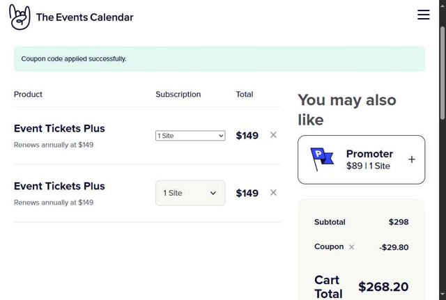 The Events Calendar checkout page showing The Events Calendar coupon code box | Screenshot taken by SimplyCodes community member on Aug 7, 2025