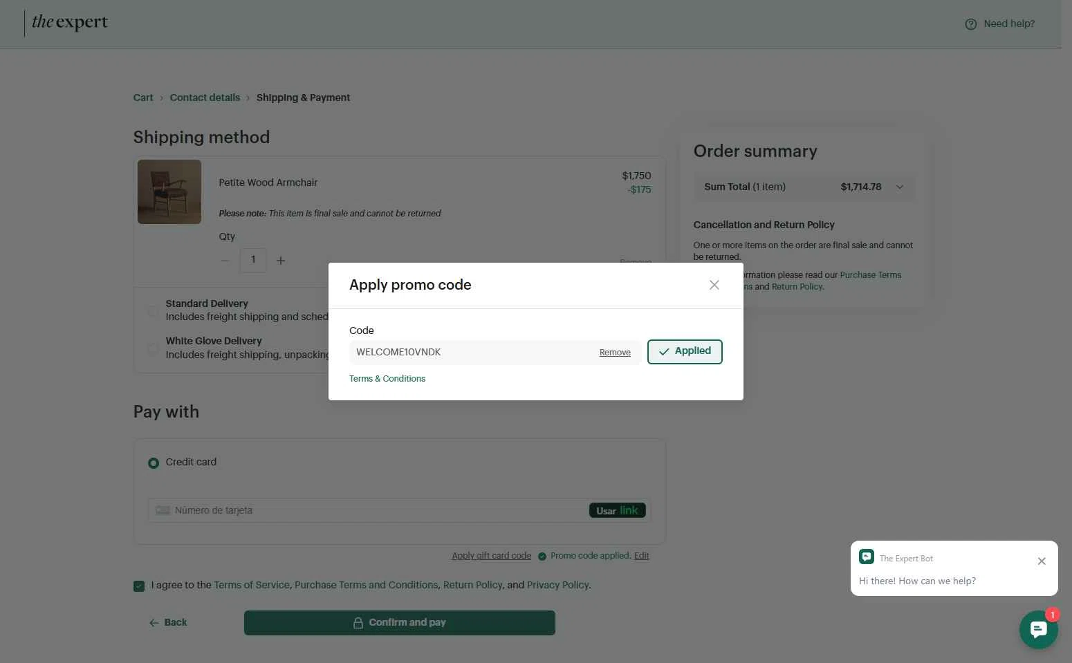 The Expert checkout page showing The Expert promo code box | Screenshot taken by SimplyCodes community member on Oct 4, 2025