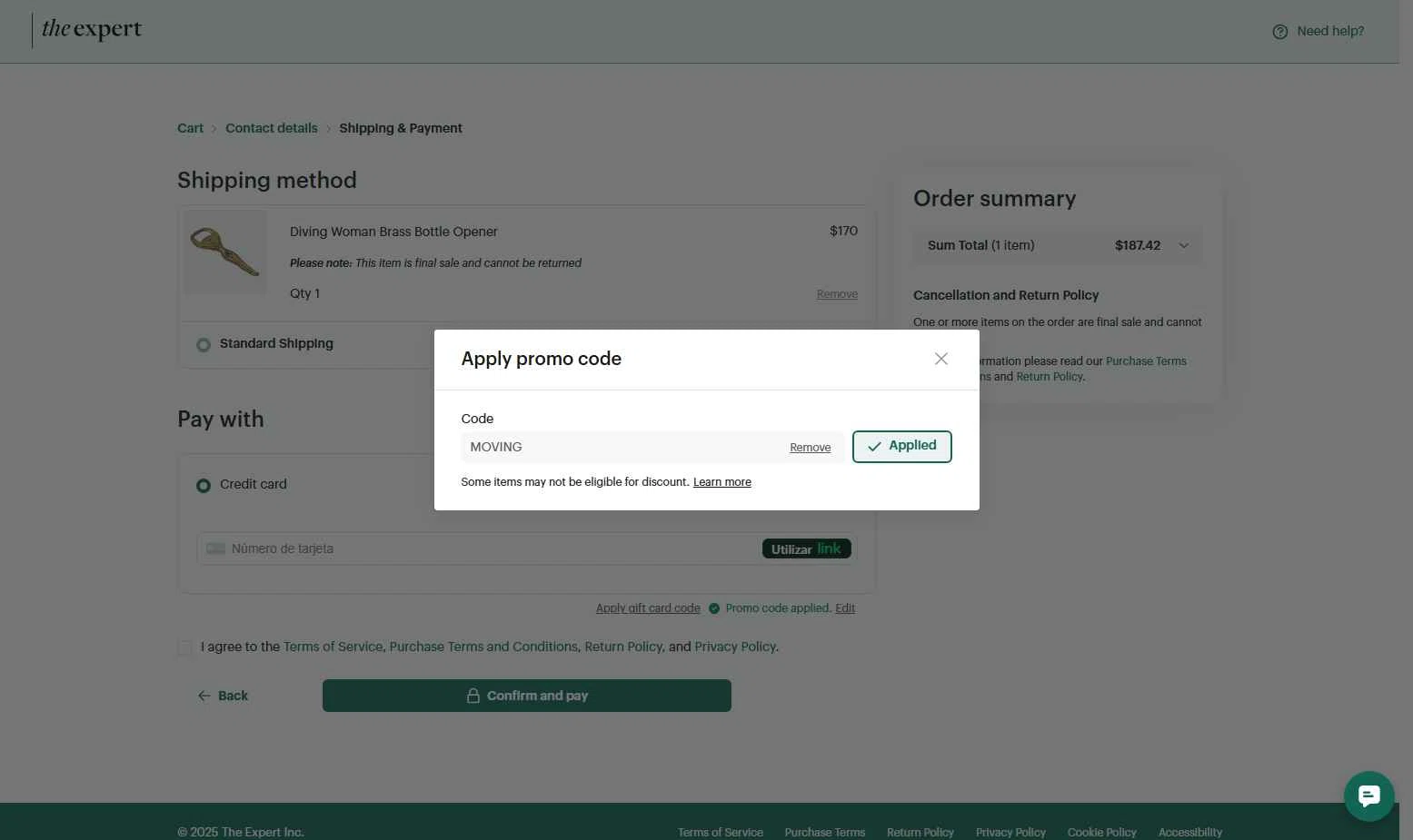 The Expert checkout page showing The Expert promo code box | Screenshot taken by SimplyCodes community member on Nov 6, 2025