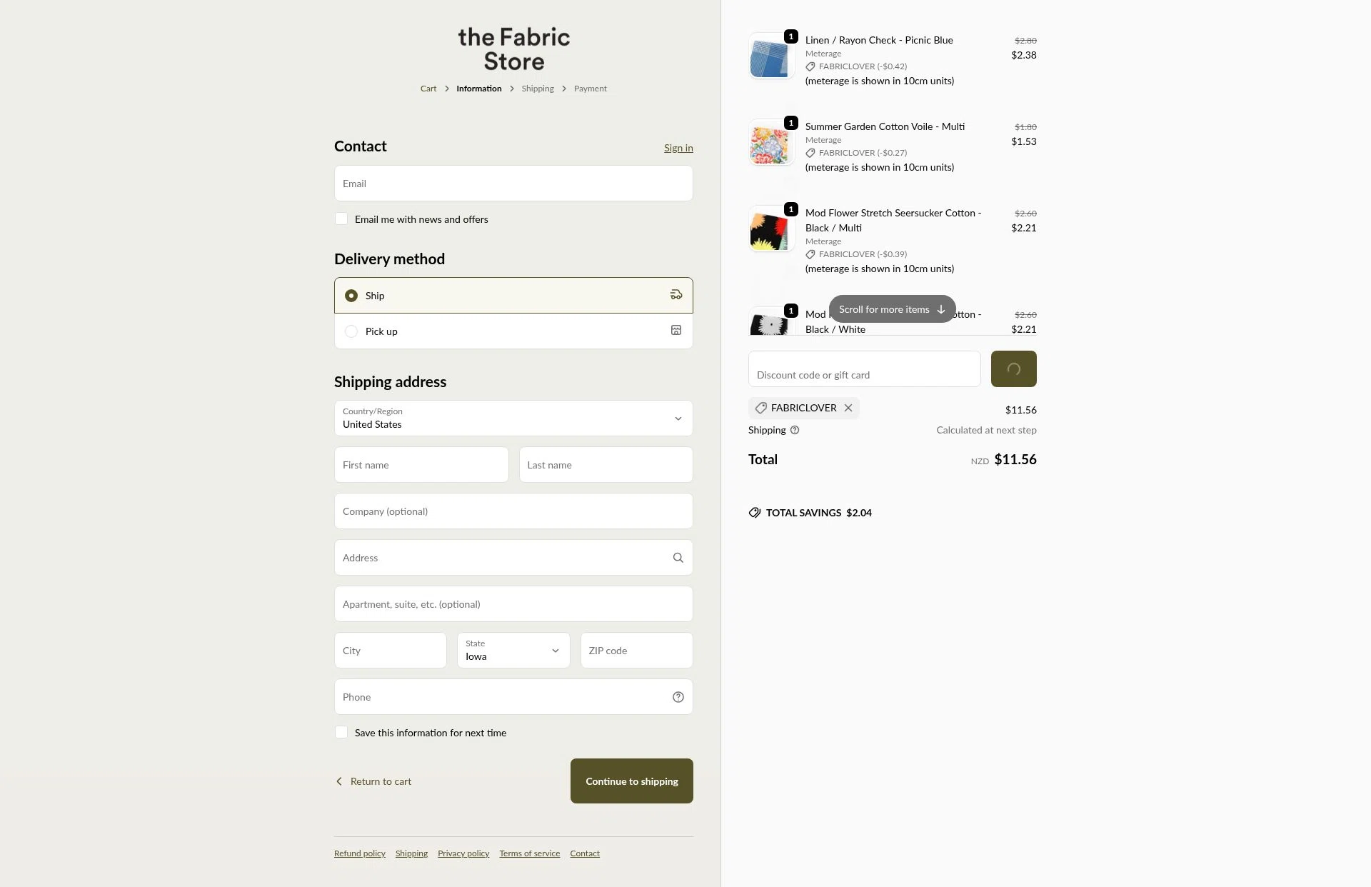 The Fabric Store Online checkout page showing The Fabric Store Online promo code box | Screenshot taken by SimplyCodes community member on Dec 27, 2025