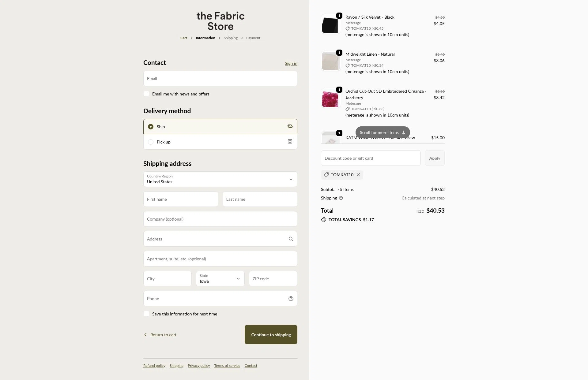 The Fabric Store Online checkout page showing The Fabric Store Online promo code box | Screenshot taken by SimplyCodes community member on Dec 15, 2025