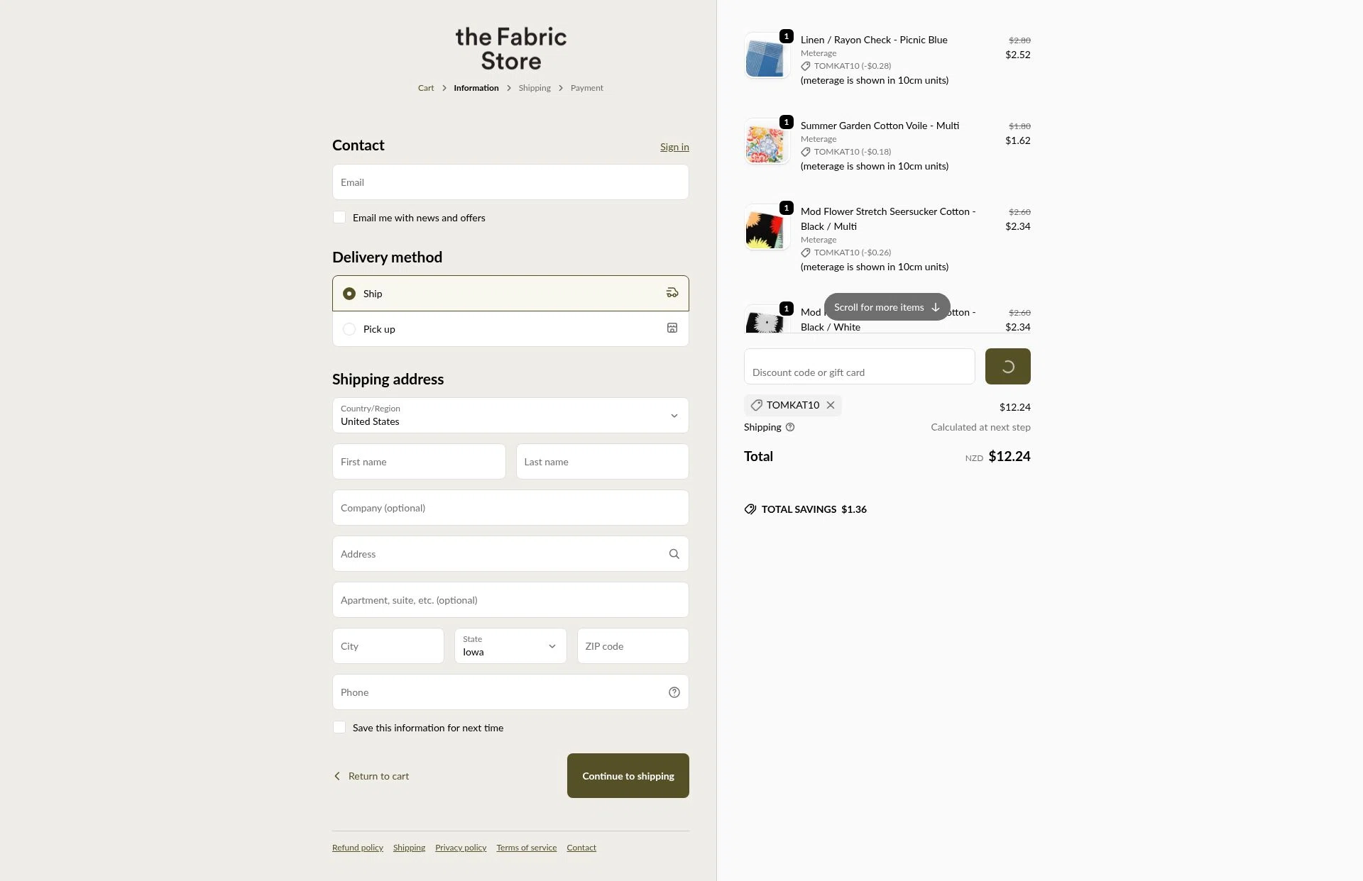 The Fabric Store Online checkout page showing The Fabric Store Online promo code box | Screenshot taken by SimplyCodes community member on Dec 27, 2025