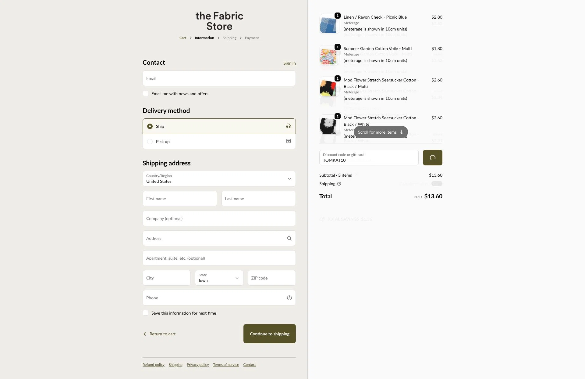 The Fabric Store Online checkout page showing The Fabric Store Online promo code box | Screenshot taken by SimplyCodes community member on Jan 1, 2026