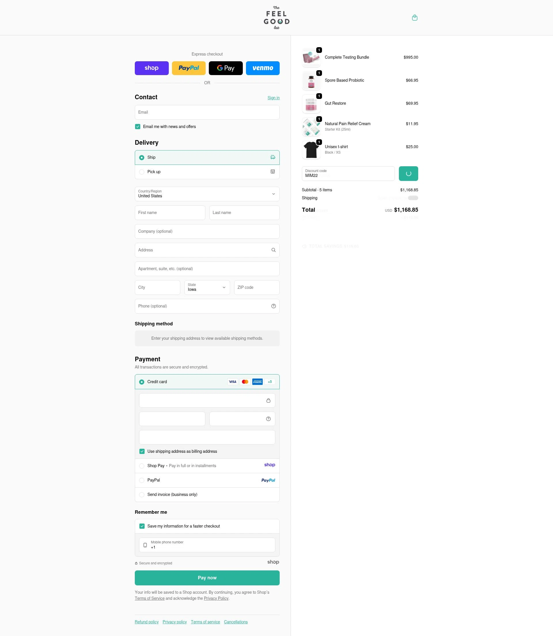 The Feel Good Lab checkout page showing The Feel Good Lab promo code box | Screenshot taken by SimplyCodes community member on Jan 5, 2026