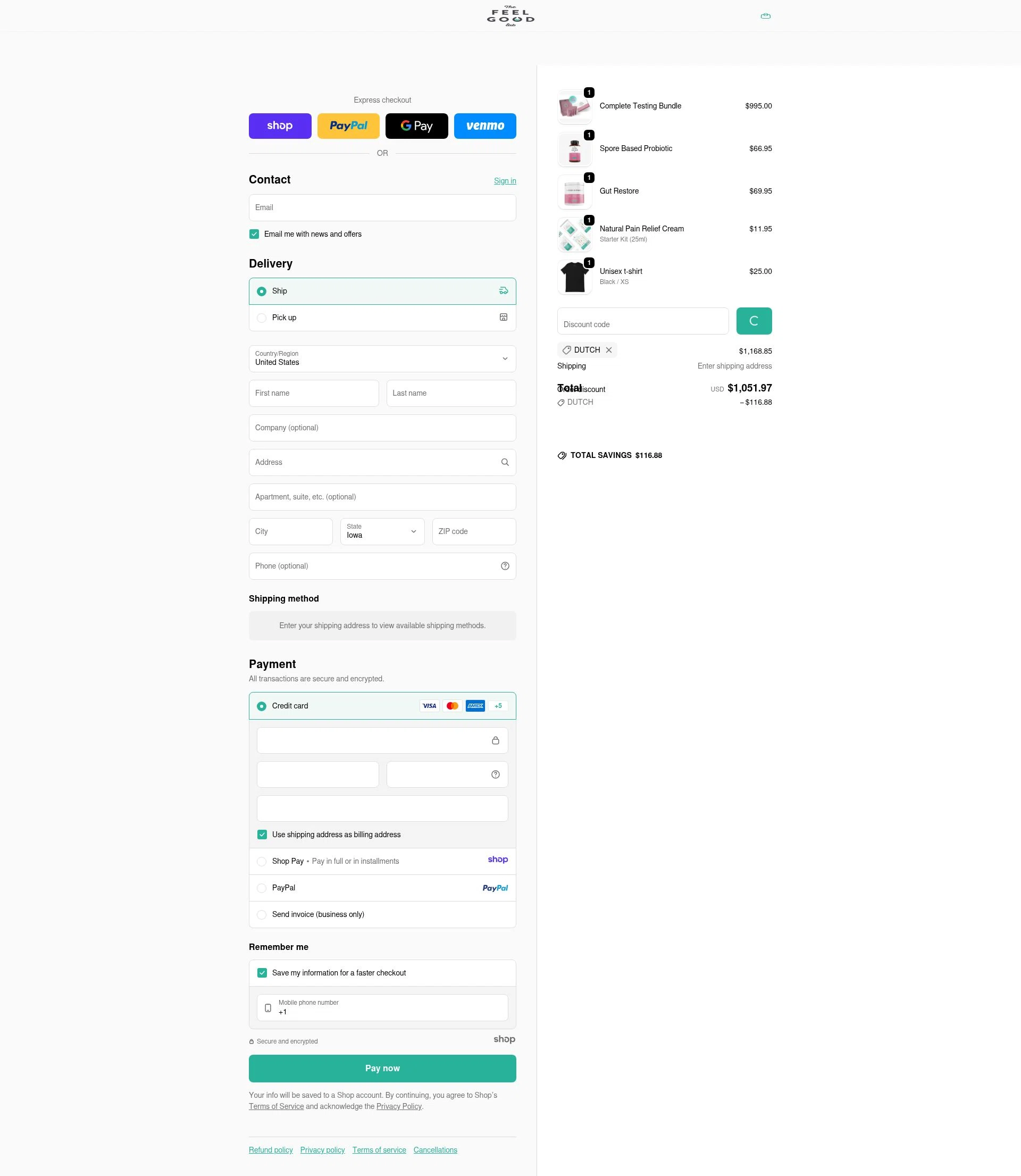 The Feel Good Lab checkout page showing The Feel Good Lab promo code box | Screenshot taken by SimplyCodes community member on Jan 5, 2026