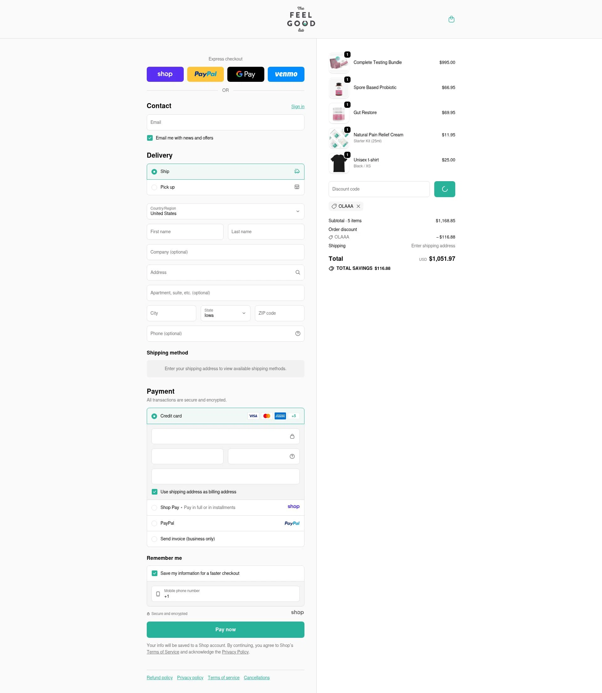 The Feel Good Lab checkout page showing The Feel Good Lab promo code box | Screenshot taken by SimplyCodes community member on Jan 5, 2026