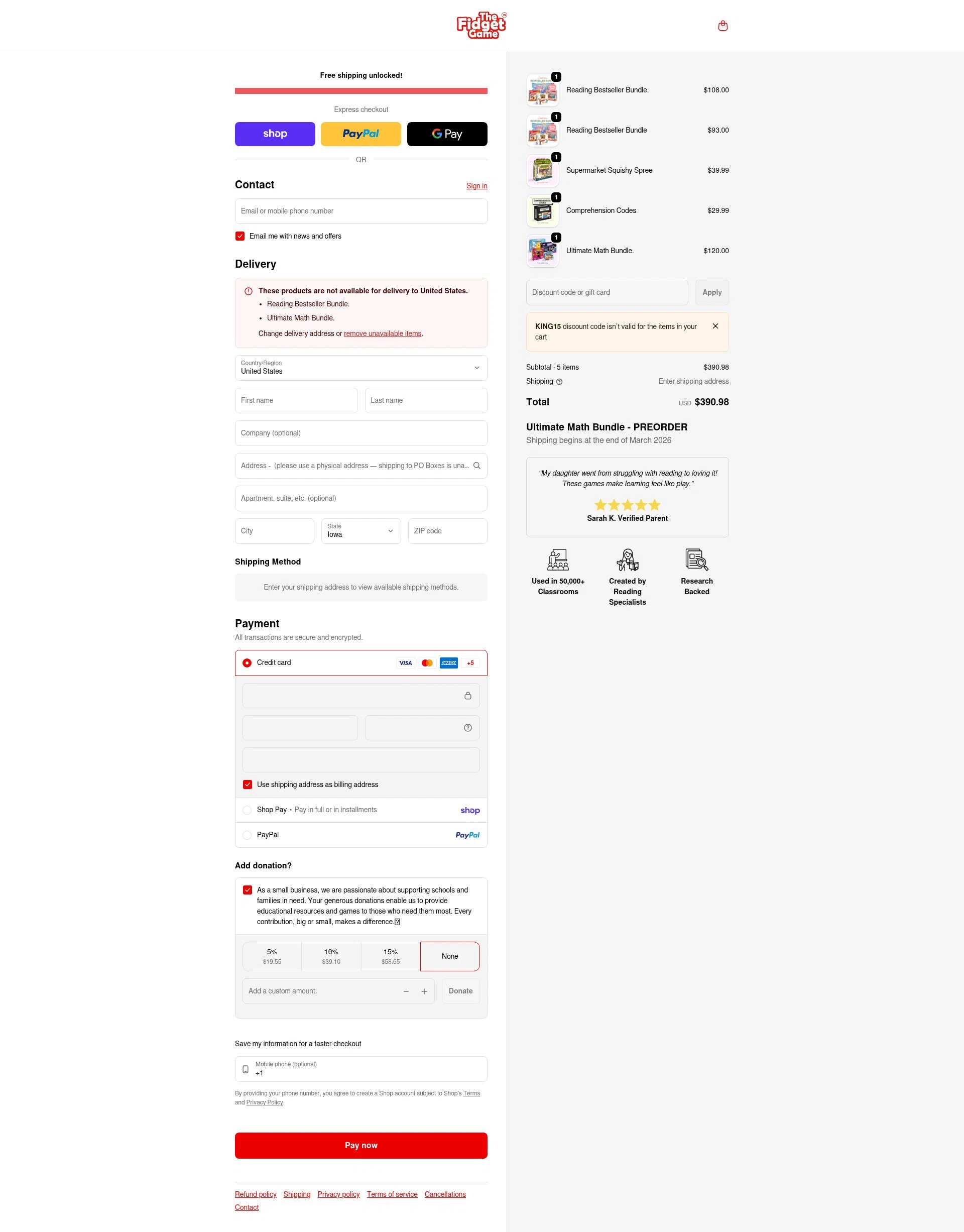The Fidget Game checkout page showing The Fidget Game discount code box | Screenshot taken by SimplyCodes community member on Feb 6, 2026