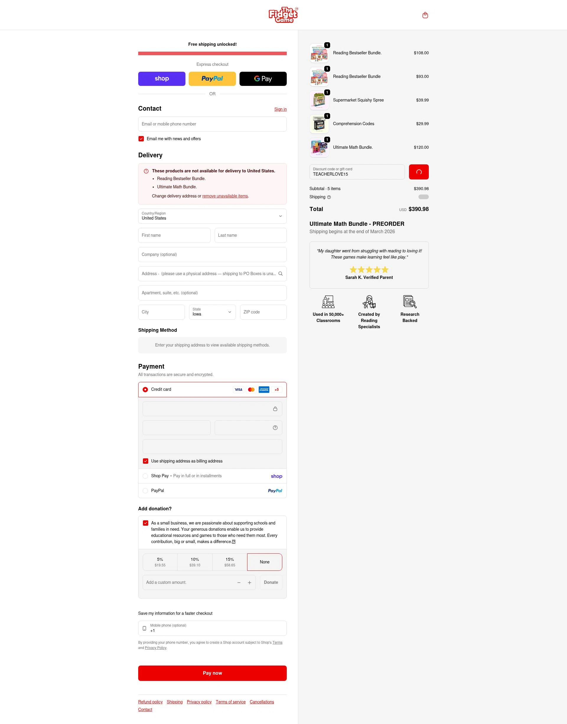 The Fidget Game checkout page showing The Fidget Game discount code box | Screenshot taken by SimplyCodes community member on Feb 6, 2026
