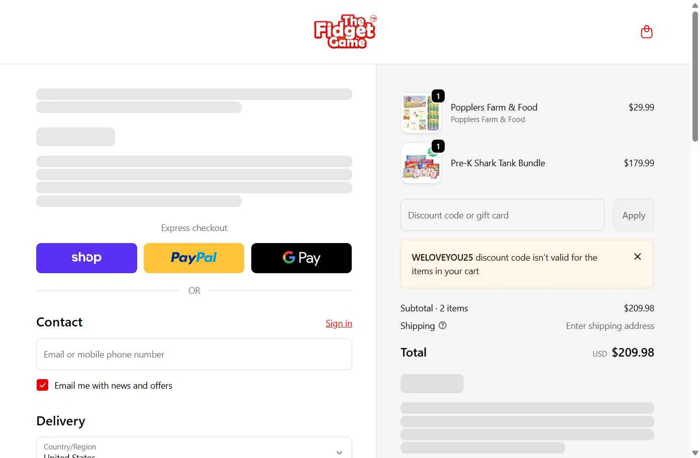 The Fidget Game checkout page showing The Fidget Game discount code box | Screenshot taken by SimplyCodes community member on Feb 6, 2026