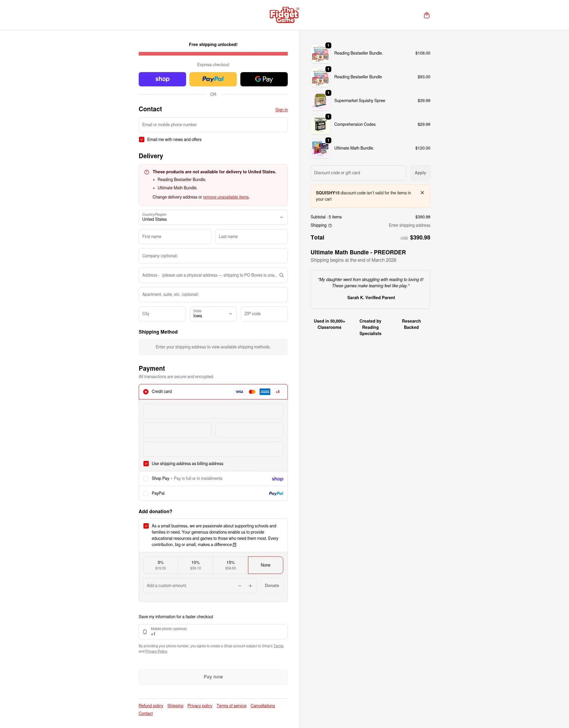 The Fidget Game checkout page showing The Fidget Game discount code box | Screenshot taken by SimplyCodes community member on Feb 6, 2026