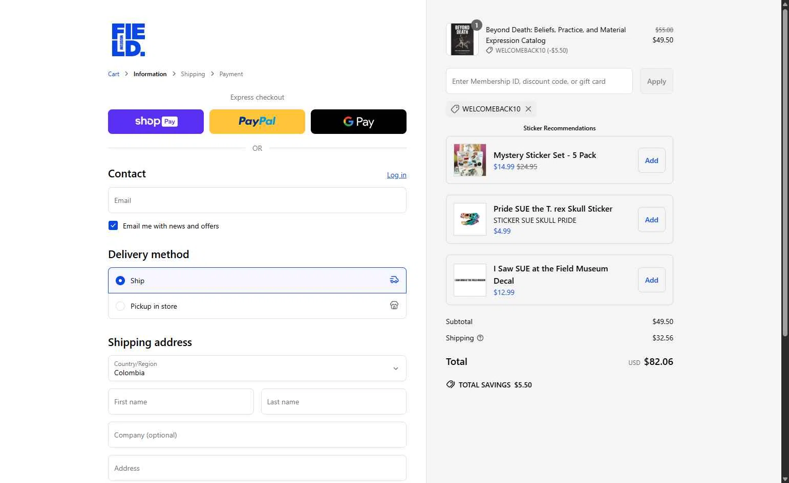 The Field Museum checkout page showing The Field Museum promo code box | Screenshot taken by SimplyCodes community member on May 13, 2025