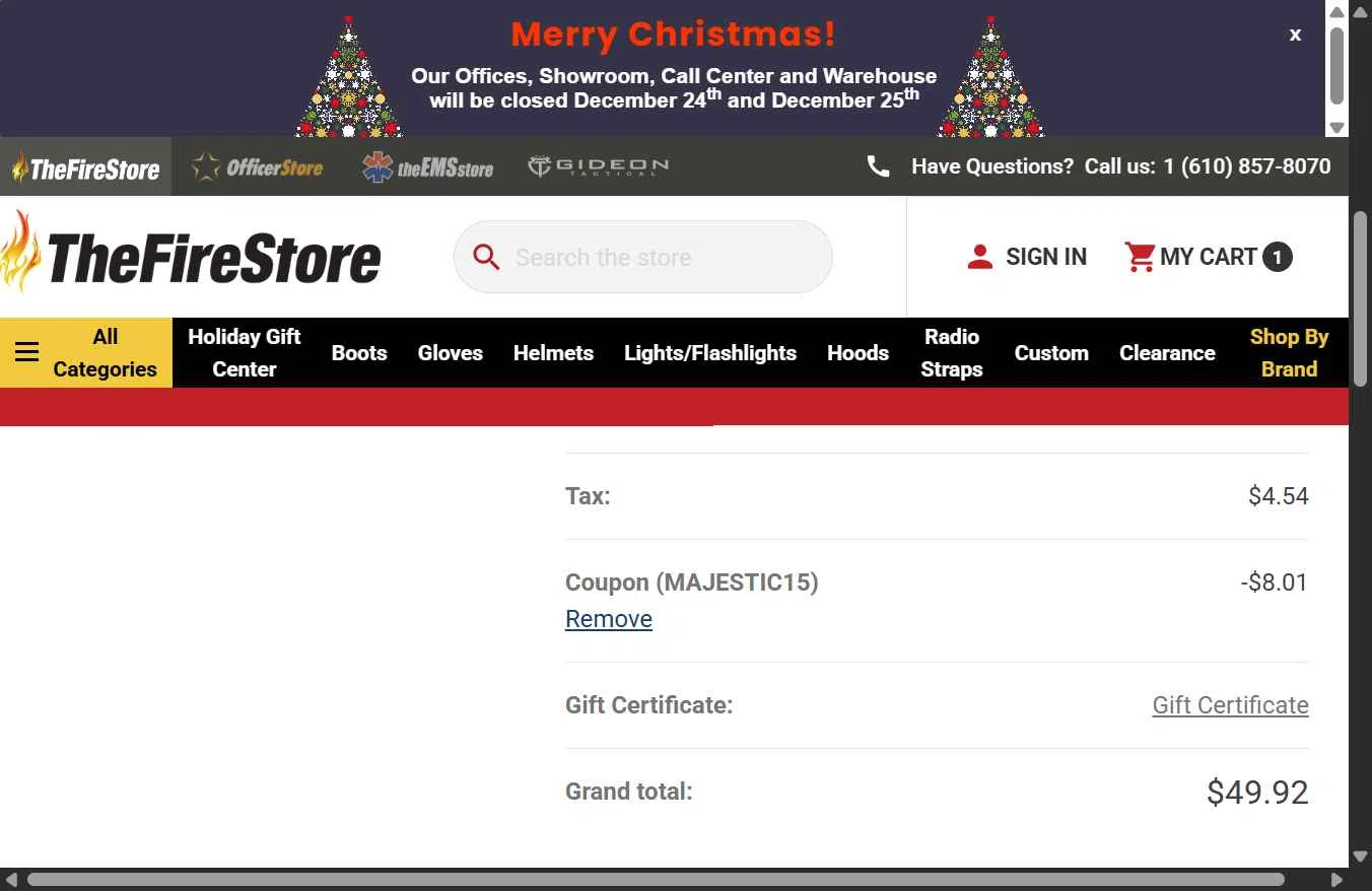 TheFireStore checkout page showing TheFireStore coupon code box | Screenshot taken by SimplyCodes community member on Dec 22, 2025