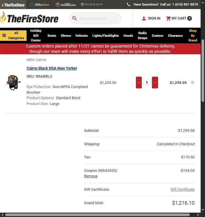 TheFireStore checkout page showing TheFireStore coupon code box | Screenshot taken by SimplyCodes community member on Dec 3, 2025