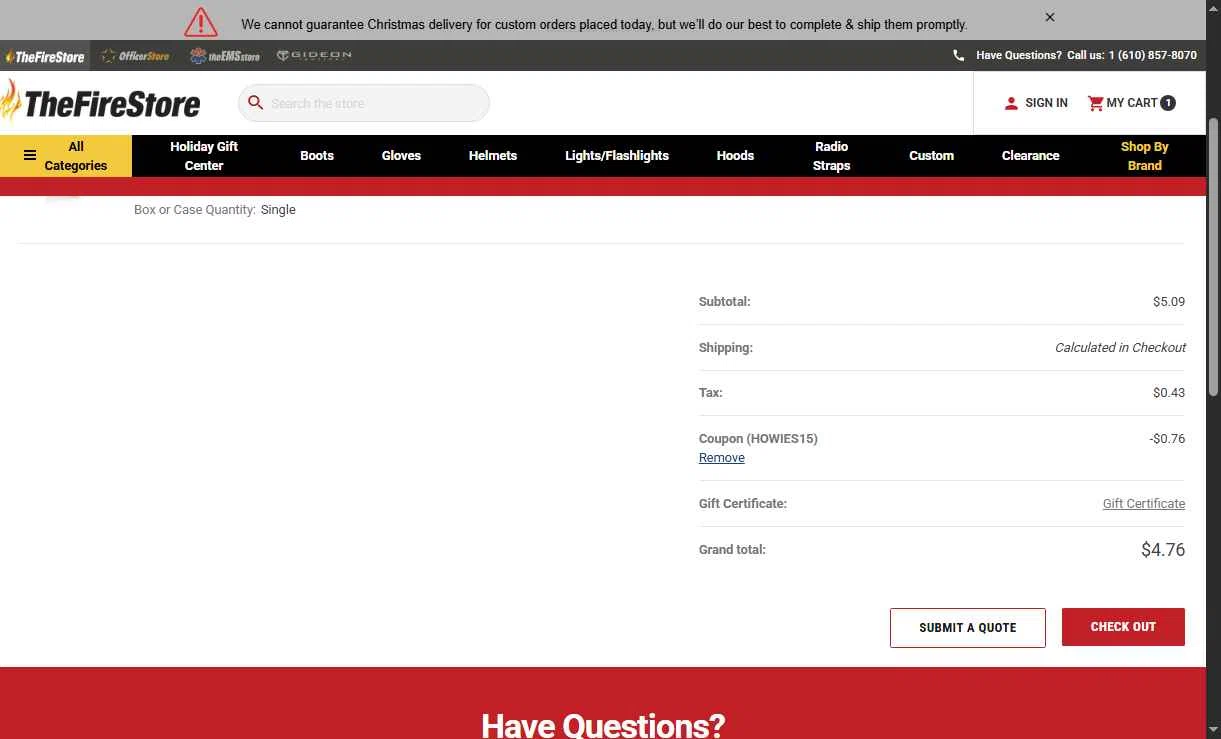 TheFireStore checkout page showing TheFireStore coupon code box | Screenshot taken by SimplyCodes community member on Dec 15, 2025