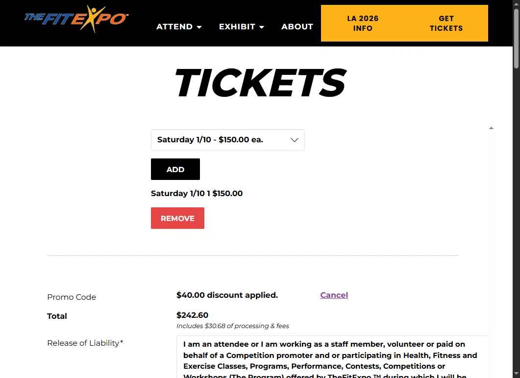 The Fit Expo checkout page showing The Fit Expo promo code box | Screenshot taken by SimplyCodes community member on Nov 8, 2025