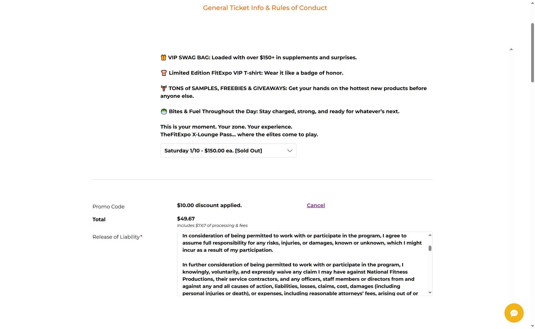 The Fit Expo checkout page showing The Fit Expo promo code box | Screenshot taken by SimplyCodes community member on Jan 9, 2026