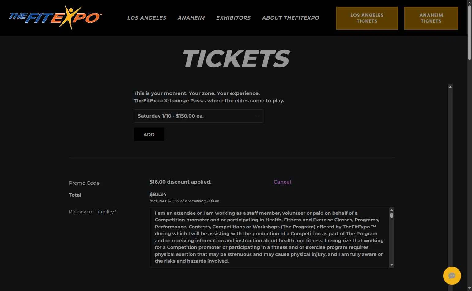 The Fit Expo checkout page showing The Fit Expo promo code box | Screenshot taken by SimplyCodes community member on Dec 24, 2025