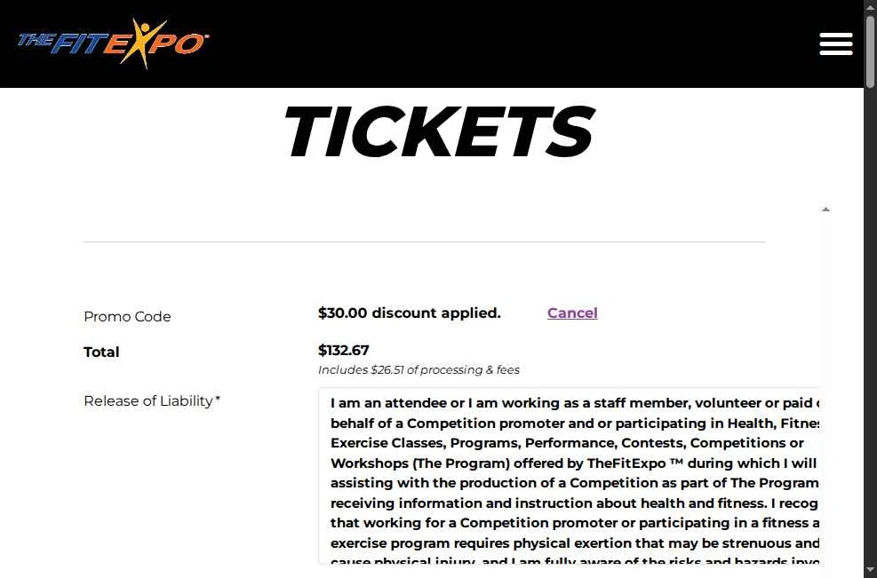 The Fit Expo checkout page showing The Fit Expo promo code box | Screenshot taken by SimplyCodes community member on Nov 8, 2025