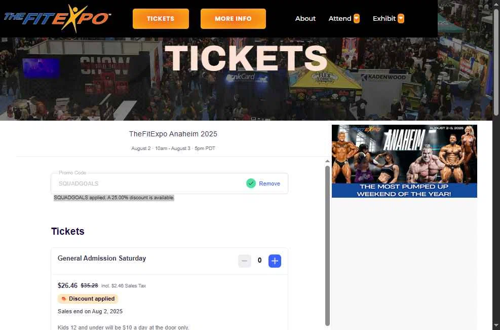 The Fit Expo checkout page showing The Fit Expo promo code box | Screenshot taken by SimplyCodes community member on Jun 27, 2025