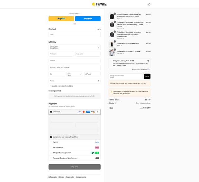The FitVille checkout page showing The FitVille promo code box | Screenshot taken by SimplyCodes community member on Sep 2, 2025