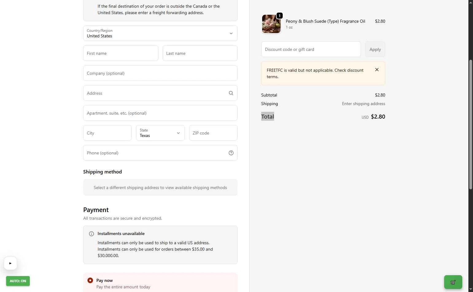The Flaming Candle Company checkout page showing The Flaming Candle Company coupon code box | Screenshot taken by SimplyCodes community member on Feb 2, 2026