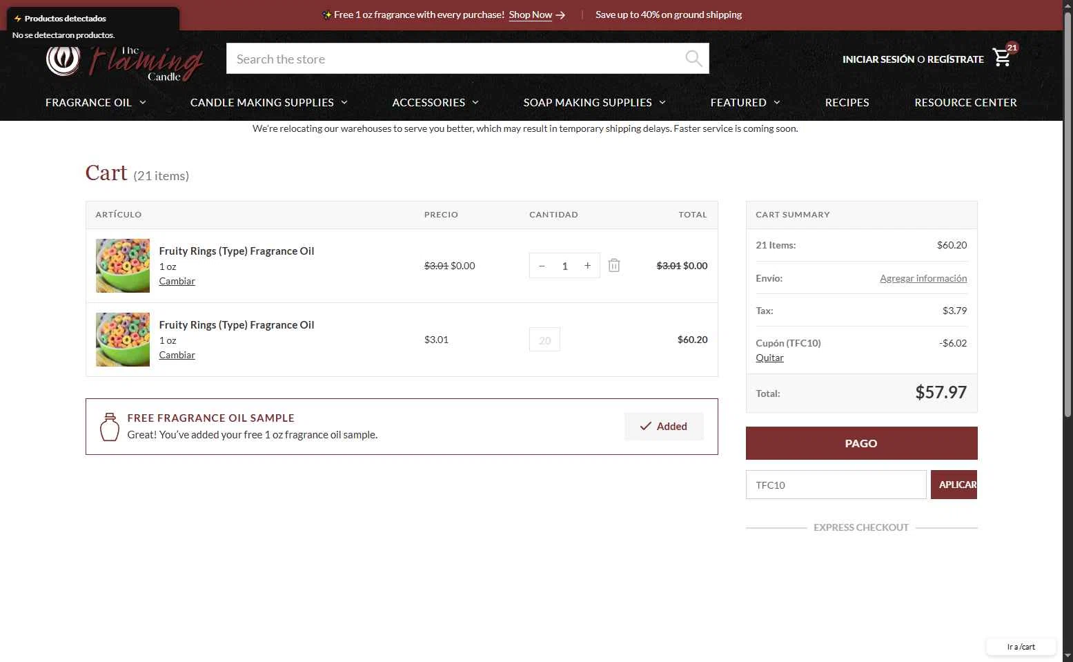 The Flaming Candle Company checkout page showing The Flaming Candle Company coupon code box | Screenshot taken by SimplyCodes community member on Oct 12, 2025