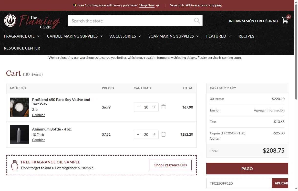 The Flaming Candle Company checkout page showing The Flaming Candle Company coupon code box | Screenshot taken by SimplyCodes community member on Oct 12, 2025