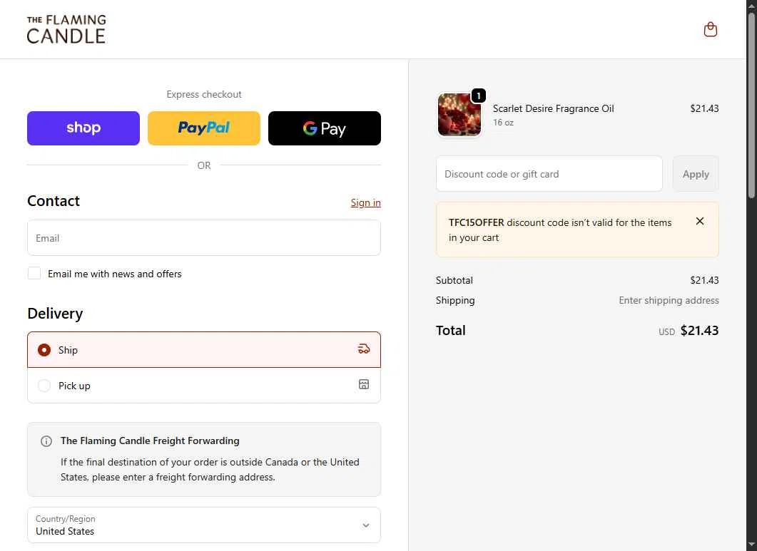 The Flaming Candle Company checkout page showing The Flaming Candle Company coupon code box | Screenshot taken by SimplyCodes community member on Feb 5, 2026