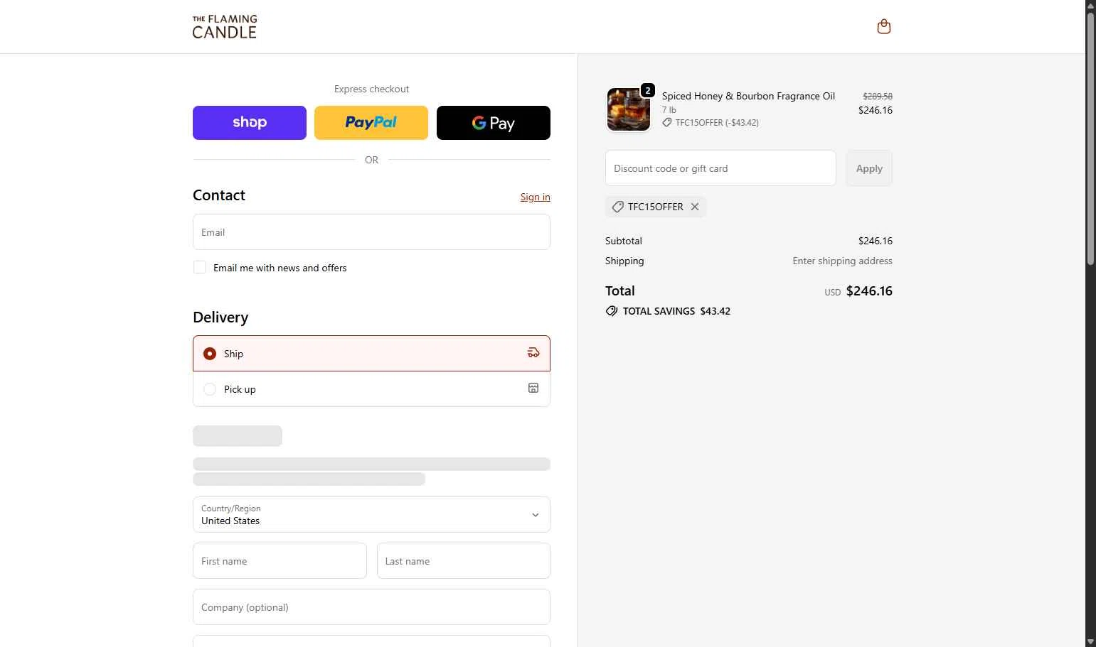 The Flaming Candle Company checkout page showing The Flaming Candle Company coupon code box | Screenshot taken by SimplyCodes community member on Dec 9, 2025