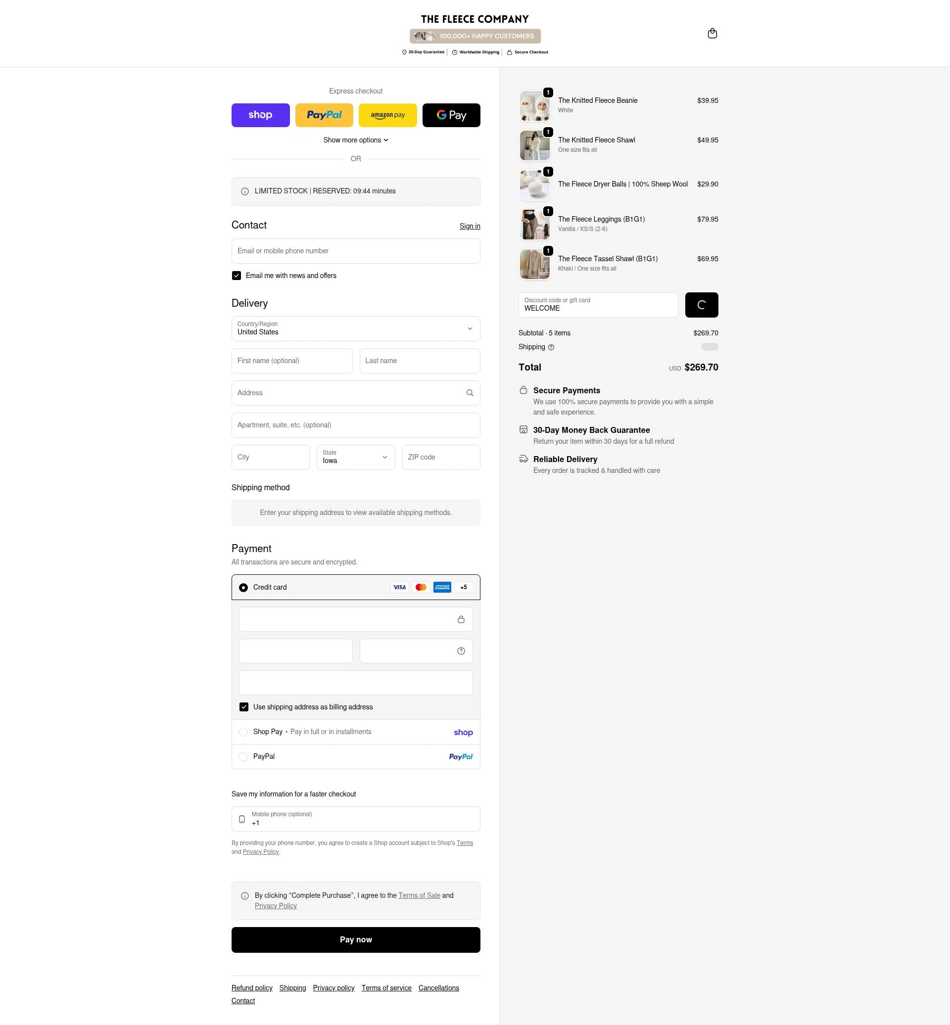 The Fleece Company checkout page showing The Fleece Company promo code box | Screenshot taken by SimplyCodes community member on Feb 1, 2026