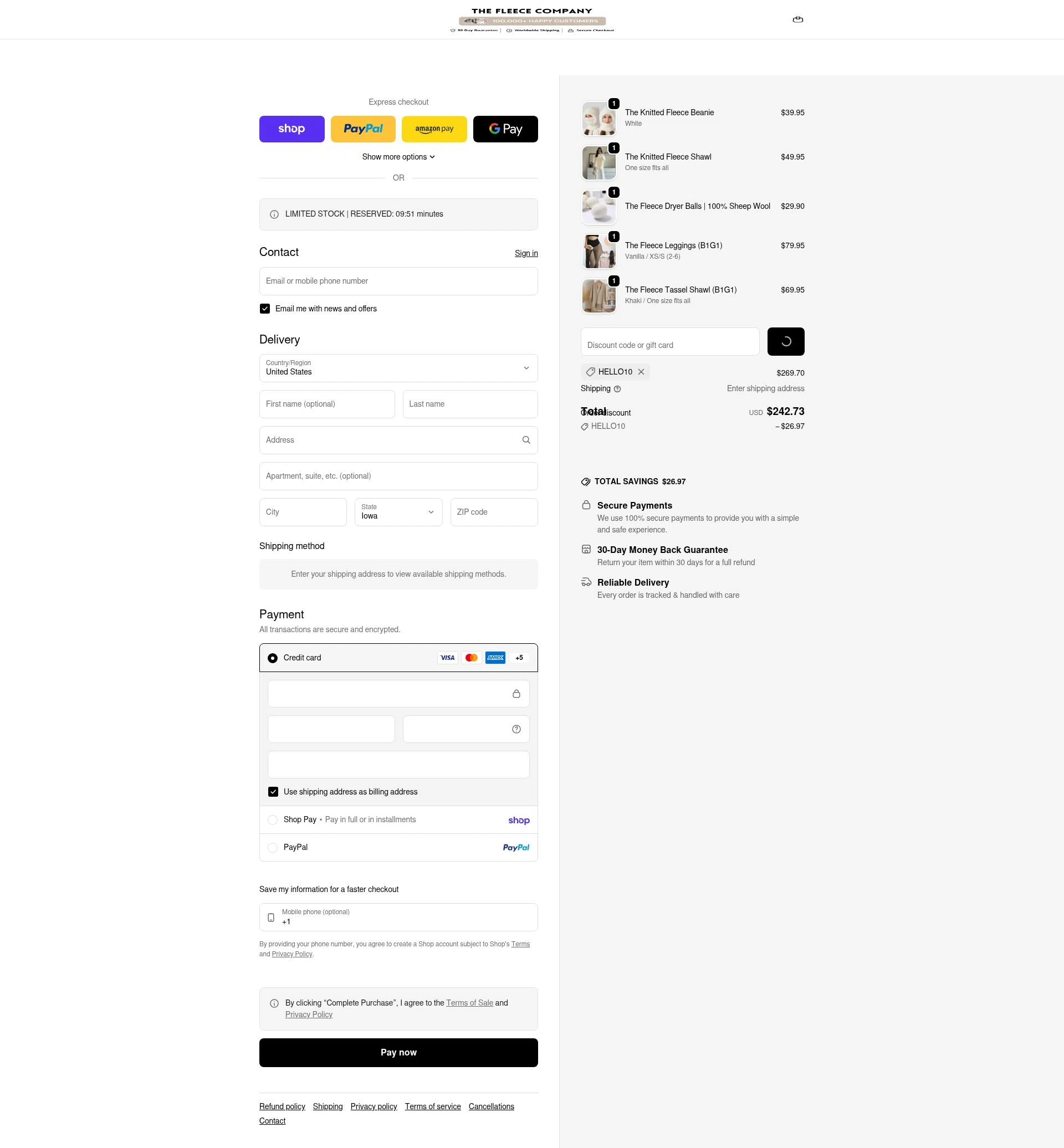 The Fleece Company checkout page showing The Fleece Company promo code box | Screenshot taken by SimplyCodes community member on Feb 5, 2026