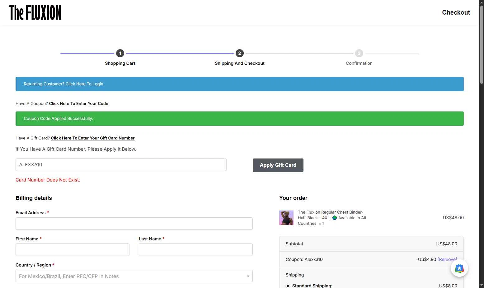 The Fluxion checkout page showing The Fluxion coupon code box | Screenshot taken by SimplyCodes community member on Nov 22, 2025