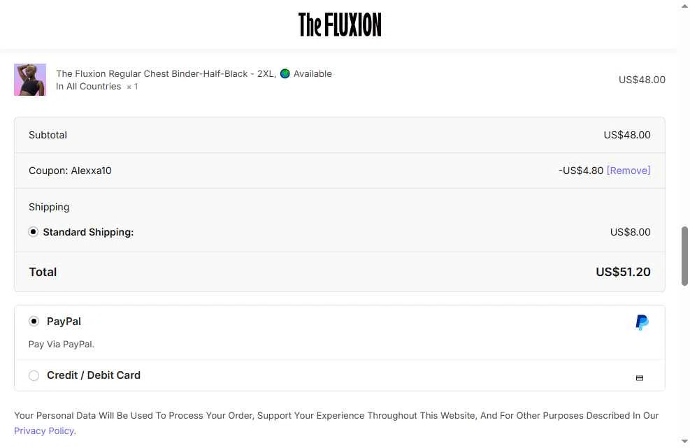 The Fluxion checkout page showing The Fluxion coupon code box | Screenshot taken by SimplyCodes community member on Oct 24, 2025