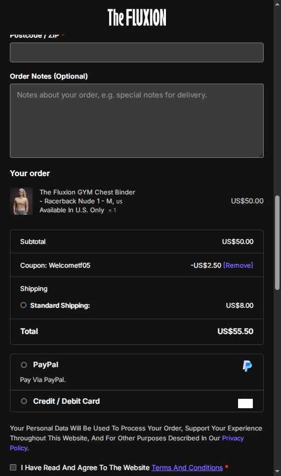 The Fluxion checkout page showing The Fluxion coupon code box | Screenshot taken by SimplyCodes community member on Dec 8, 2025