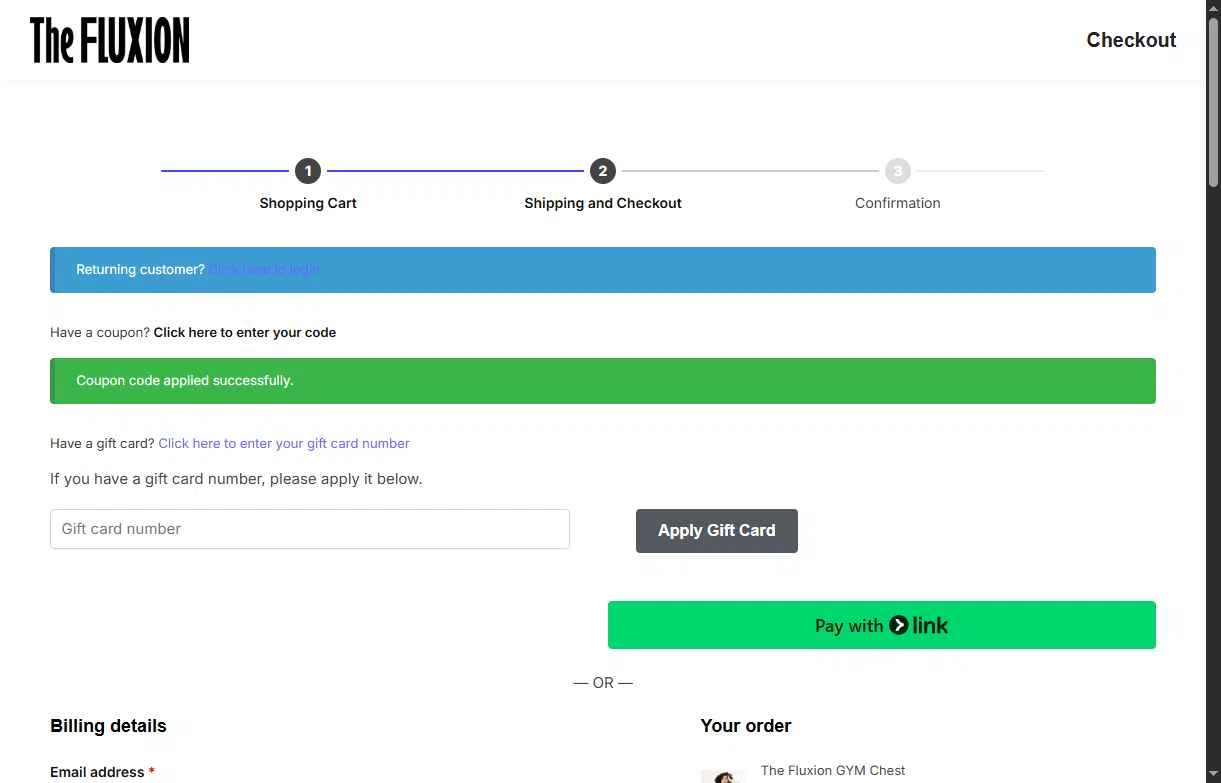 The Fluxion checkout page showing The Fluxion coupon code box | Screenshot taken by SimplyCodes community member on Feb 17, 2026