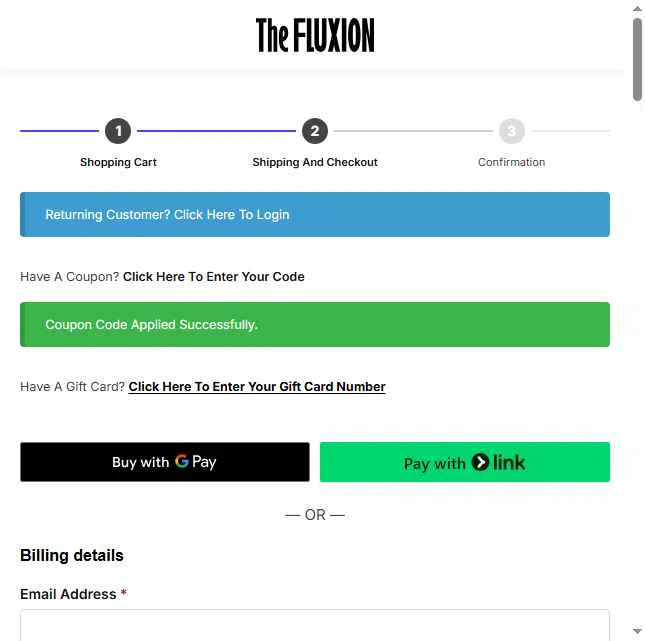 The Fluxion checkout page showing The Fluxion coupon code box | Screenshot taken by SimplyCodes community member on Oct 24, 2025